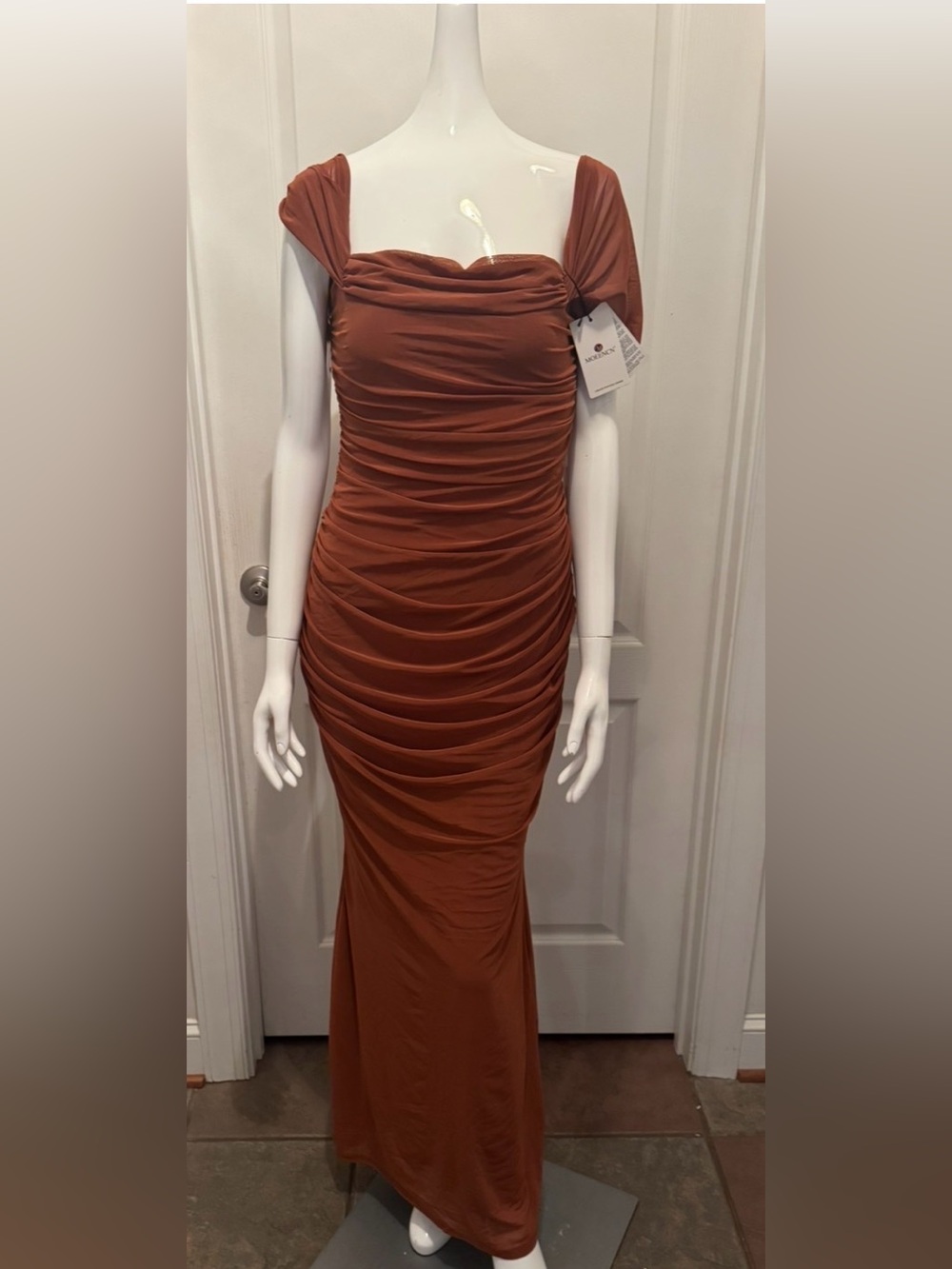 Ruched Off-Shoulder Maxi Dress in Rust by